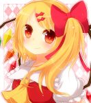  ascot blonde_hair blush bust face flandre_scarlet hair_ribbon heart heart-shaped_pupils no_hat no_headwear red_eyes ribbon side_ponytail smile solo symbol-shaped_pupils the_embodiment_of_scarlet_devil touhou wings yuria_(kittyluv) 