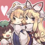  3girls =_= animal_ears bad_id blonde_hair cat_ears chen chibi closed_eyes eyes_closed hair_ornament hair_ribbon hat heart hug konbu_ame long_hair multiple_girls open_mouth purple_eyes smile touhou wince wink yakumo_ran yakumo_yukari yellow_eyes 