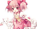  blush bow dress gloves hair_bow jewelry kaname_madoka kyubey magical_girl mahou_shoujo_madoka_magica mayo_(miyusa) necklace open_mouth pendant pink_dress pink_eyes pink_hair red_eyes smile twintails white_gloves 