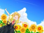  absurdres air blonde_hair closed_eyes cloud condensation_trail eyes_closed flower from_below highres kamio_misuzu long_hair outstretched_arms ponytail school_uniform sky solo spread_arms sunflower tateshina 