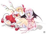  ascot bad_id bat_wings blonde_hair blue_hair demon_tail flandre_scarlet flying hat junna mary_janes multiple_girls red_eyes remilia_scarlet shirt shoes siblings side_ponytail sisters sitting skirt skirt_set smile tail touhou wings wrist_cuffs wrist_ribbon 