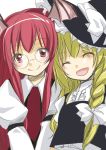  ^_^ aoro bespectacled blonde_hair blush braid closed_eyes eyes_closed glasses hat head_wings kirisame_marisa koakuma multiple_girls open_mouth red_eyes red_hair redhead smile the_embodiment_of_scarlet_devil touhou v_arms witch witch_hat 