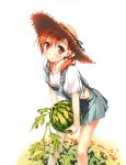  absurdres bent_over blush brown_hair character_request flat_chest food fruit hat highres holding holding_fruit kantoku kurumi_(kantoku) leaf looking_at_viewer original overalls red_eyes shirt short_hair short_twintails smile solo source_request straw_hat sun_hat twintails watermelon 