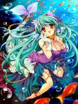  barefoot breasts bubble cleavage dress fish gloves goldfish green_hair hair_ornament hand_on_own_face hand_to_face jewelry large_breasts long_hair menokonome mermaid monster_girl original red_eyes smile submerged water white_gloves 