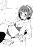  breasts can cleavage drunk hairband idolmaster inue_shinsuke mole monochrome no_pants on_side open_clothes open_mouth open_shirt otonashi_kotori shirt short_hair solo thigh-highs thighhighs unbuttoned 
