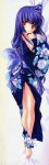  absurdres barefoot breasts carnelian cleavage dakimakura highres japanese_clothes kao_no_nai_tsuki kimono kuraki_mizuna long_hair lying orange_eyes purple_hair scan solo yukata 