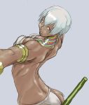  armlet ass back bare_shoulders bikini bobabo breasts capcom dark_skin elena jewelry lips looking_back necklace pole short_hair simple_background sketch solo street_fighter street_fighter_iii swimsuit white_hair 