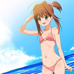  a1 absurdres ahoge antenna_hair bikini blush body_blush breasts brown_hair cleavage cloud cowboy_shot cute dutch_angle flat_chest green_eyes high_res highres initial-g jewelpet_(series) jewelpet_tinkle mizugi navel o-ring_bottom o-ring_top ocean open_mouth oppai pettanko sakura_akari shading_eyes side_ponytail sky smile solo swimsuit upper_teeth water 