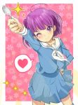  1girl ahoge blush hand_on_hip heart koufuku_graffiti morino_kirin pink_background pleated_skirt purple_hair rand_(artist) skirt smile socks solo sparkle speech_bubble spoken_heart spoon violet_eyes 