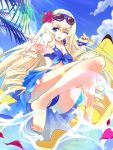  ;d banana beads bikini blonde_hair blue_eyes blush body_blush bracelet breasts cecilia_alcott cleavage cloud drill_hair feet flower front-tie_top hair_flower hair_ornament infinite_stratos long_hair looking_at_viewer nail_polish palm_tree petals pointing pointing_at_viewer sarong sky smile solo sunbeam sunglasses sunglasses_on_head sunlight swimsuit toenail_polish tree urabi_(tomatohouse) very_long_hair water wink 