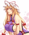  bare_shoulders blonde_hair blush bow breast_hold breasts bust hair_bow hat highres impossible_clothes impossible_clothing impossible_shirt large_breasts long_hair naked_tabard open_mouth pink_eyes ribbon shirt shuugetsu_karasu sideboob solo tabard taut_shirt touhou yakumo_yukari 