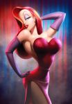  armpits artgerm ass bare_shoulders breasts cleavage dress earrings elbow_gloves eyeshadow gloves green_eyes hair_over_one_eye jessica_rabbit jewelry large_breasts lipstick long_hair red_hair red_lipstick redhead side_slit sideboob solo stanley_lau who_framed_roger_rabbit 