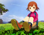  blush boots brown_eyes brown_hair clover condensation_trail contrail depth_of_field light_smile original short_hair shorts sitting sky tko_(hhan) 