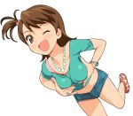  a1 blush bracelet breast_squeeze breasts brown_eyes brown_hair denim denim_shorts dutch_angle futami_ami highres idolmaster jewelry midriff navel open_mouth pink_panties ring sandals short_hair short_shorts shorts side_ponytail simple_background smile solo unbuttoned wink 