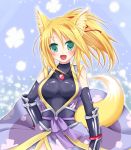  blonde_hair breasts dog_days fox_ears fox_tail green_eyes japanese_clothes open_mouth smile solo tail tougo yukikaze_panettone 