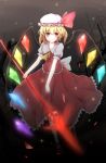  blonde_hair dress flandre_scarlet hat highres polearm r_star red_eyes ribbon skirt_hold smile solo spear star_(sky) the_embodiment_of_scarlet_devil touhou weapon wings 