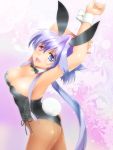  arms_up ass back_seamed_legwear bowtie breasts bunny_ears bunny_tail bunnysuit cleavage detached_collar fang heterochromia lavolpe_(yagisaka_seto) long_hair original pantyhose purple_hair tail wrist_cuffs yagisaka_seto 