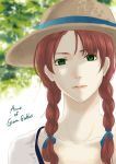  adult akage_no_anne anne_of_green_gables anne_shirley braid collarbone face freckles green_eyes hair_ribbon hat highres lips long_hair looking_at_viewer orange005 portrait ribbon solo sun_hat twin_braids world_masterpiece_theater 