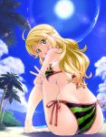  ahoge ass bad_id barefoot beach bikini blonde_hair blush breasts cloud da_(pixiv) face hands hoshii_miki idolmaster large_breasts lens_flare long_hair looking_at_viewer looking_back open_mouth palm_tree pigeon-toed pigeon_toed sand side-tie_bikini sideboob sitting sky smile solo sun swimsuit tree under_boob underboob v watermelon_print 