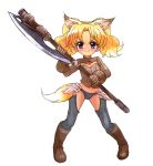  armor axe bardiche blonde_hair blue_eyes cat_ears cosplay elin_(tera) elin_(tera)_(cosplay) gauntlets gloves jewelpet_(series) jewelpet_tinkle long_hair miria_marigold_mackenzie nyama solo tera_online thighhighs twintails warrior weapon 