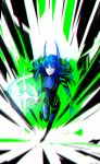  arsenixc blue_eyes blue_hair bodysuit collider-sama_(arsenixc) highres horns long_hair original running solo 
