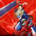  belt chain chains claws dungeon_and_fighter fang headband highres huge_weapon long_hair male red_background red_eyes slayer_(dungeon_and_fighter) solo sword vest weapon 