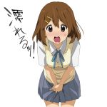  a1 absurdres blush brown_eyes brown_hair drooling hair_ornament hairclip highres highschool_of_the_dead hirasawa_yui i&#039;m_wet! k-on! leaning_forward open_mouth parody pleated_skirt ribbon school_uniform short_hair simple_background skirt solo sweater_vest translated translation_request 