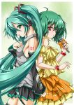  back-to-back bracelet detached_sleeves green_eyes green_hair hatsune_miku headset highres jewelry long_hair macross macross_frontier microphone multiple_girls necktie ranka_lee red_eyes roura short_hair skirt twintails very_long_hair vocaloid 