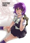  bow character_request cuvie flower highres kneehighs lily_of_the_valley looking_up nightmare_maker open_mouth purple_hair purple_legwear school_bag school_uniform shirt short_hair short_sleeves sitting skirt smile solo vest yellow_eyes 