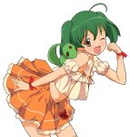  a1 absurdres ahoge ai-kun alien bare_shoulders blush brown_eyes clenched_hand fang fist green_hair highres leaning_forward macross macross_frontier midriff open_mouth ranka_lee ribbon short_hair short_twintails simple_background skirt smile twintails vajra wink 