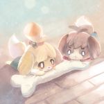  1boy 1girl ahoge animal_ears blush bone doubutsu_no_mori freckles frown furry hair_ornament kento_(animal_crossing) lowres shizue_(animal_crossing) smile topknot 