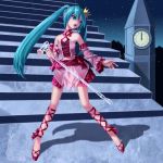  aqua_eyes aqua_hair chain chains clock clock_tower crown detached_sleeves hatsune_miku long_hair midriff open_mouth ren-chan ribbon romeo_to_cinderella_(vocaloid) skirt solo stairs tower twintails very_long_hair vocaloid 