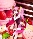  arm_support bracelet flower food fruit hair_flower hair_ornament hatsune_miku highres jewelry long_hair necktie pink_eyes pink_hair sitting skirt solo strawberry tiahszld twintails very_long_hair vocaloid 