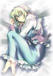  alice_margatroid bad_id barefoot bed_sheet blonde_hair blue_eyes capelet dress face feet fetal_position hairband lying on_side sash short_hair solo tatami_(loop) touhou wink wrist_cuffs 