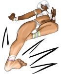  anklet armlet bangle barefoot blue_eyes bracelet capoeira dark_skin elena jewelry kicking loungena navel short_hair sling_bikini street_fighter street_fighter_iii swimsuit white_hair 