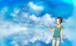  bad_id brown_eyes brown_hair cloud holding neyagi original reflection scenery short_hair shorts sky solo 