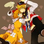  blonde_hair blue_eyes cat_ears cowboy cowboy_hat dora-the-kid doraemon dorami dress green_eyes hat heart hug midriff namo_(7-30-7) navel orange_hair personification ribbon scarf smoke star the_doraemons weapon western 