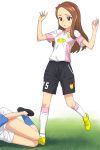  a1 absurdres arms_up brown_eyes brown_hair grass hairband highres idolmaster idolmaster_2 kneehighs long_hair minase_iori shoes shorts sneakers soccer_uniform solo sweat 