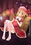  apple ascot bad_id blonde_hair dress flandre_scarlet food frills fruit glowing hair_bobbles hair_ornament hat highres pillow r_star red_eyes ribbon sitting smile solo the_embodiment_of_scarlet_devil thigh-highs thighhighs touhou white_legwear wings zettai_ryouiki 