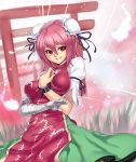  bandage bandages breasts bun_cover chain chains cuffs double_bun dress flower grass grin hand_on_own_chest hand_to_chest highres houtengeki ibara_kasen ibaraki_kasen manacles petals pink_hair red_eyes ribbon short_hair smile solo tabard torii touhou wind 