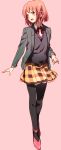  black_legwear blazer nanami_haruka orange_hair pantyhose petticoat plaid plaid_skirt red_shoes school_uniform shoes short_hair skirt smile solo sweater_vest uta_no_prince-sama yellow_eyes 