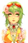  bad_id bangs bare_shoulders domco flower goggles goggles_on_head green_eyes green_hair gumi hair_flower hair_ornament heart open_mouth solo vocaloid 