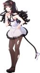  animal_ears bad_id black_hair black_legwear blush bow breasts cat_ears cat_tail collarbone curly_hair dress finger_to_mouth hand_on_hip highres hips long_hair original pantyhose red_eyes simple_background smile solo tail torn_pantyhose 
