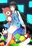  black_hair blue_eyes bunny can dr_pepper frog highres kami-sama_no_memo-chou kamisama_no_memochou long_hair monitor pajamas r_star rabbit shionji_yuuko shorts solo stuffed_animal stuffed_toy teddy_bear thigh-highs thighhighs very_long_hair 