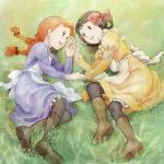  akage_no_anne anne_of_green_gables anne_shirley apron boots braid child diana_barry dress eye_contact friends grass hair_ribbon hand_holding holding_hands looking_at_another lowres lying multiple_girls oekaki official_style pantyhose ribbon sakai_yume smile twin_braids world_masterpiece_theater 