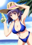  armpits atsuko bad_id bikini blue_bikini blush breasts cleavage collarbone diesel-turbo front-tie_top hat holding holding_hat large_breasts minami-ke navel ocean purple_eyes purple_hair short_hair sky smile solo straw_hat swimsuit trigger_discipline violet_eyes water water_gun weapon 