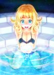  blonde_hair blue_eyes blue_hair breasts cleavage highres long_hair open_mouth original partially_submerged pool short_hair sitting ska submerged swimsuit wariza water 