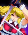  blonde_hair dual_wielding gloves hyudora lips maid maid_headdress red_eyes smile solo sword touhou touhou_(pc-98) weapon yumeko 