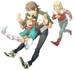  325_(im24) age_difference bad_id barnaby_brooks_jr blonde_hair boots bow braid brown_eyes brown_hair closed_eyes eyes_closed facial_hair father_and_daughter glasses hair_bow hair_ornament hairclip jacket jewelry jumping kaburagi_kaede kaburagi_t_kotetsu male multiple_boys necklace necktie red_jacket ring short_hair shorts side_ponytail simple_background striped striped_legwear stubble thighhighs tiger_&amp;_bunny vest waistcoat watch wedding_band wedding_ring white_background wristwatch 