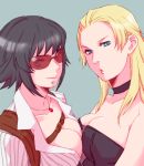  bangs belt black_hair blazer blonde_hair blue_eyes breast_press breasts capcom choker cleavage corset devil_may_cry devil_may_cry_4 female heterochromia jacket jewelry kbsk knhl lady large_breasts long_hair multiple_girls necklace pendant short_hair smile sunglasses symmetrical_docking trish tubetop 